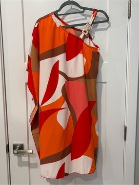 One-Shoulder Abstract Print Dress in Orange and Red